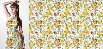30004v Materiał ze wzorem malowane owoce (pomarańcza, cytryna) w stylu akwareli